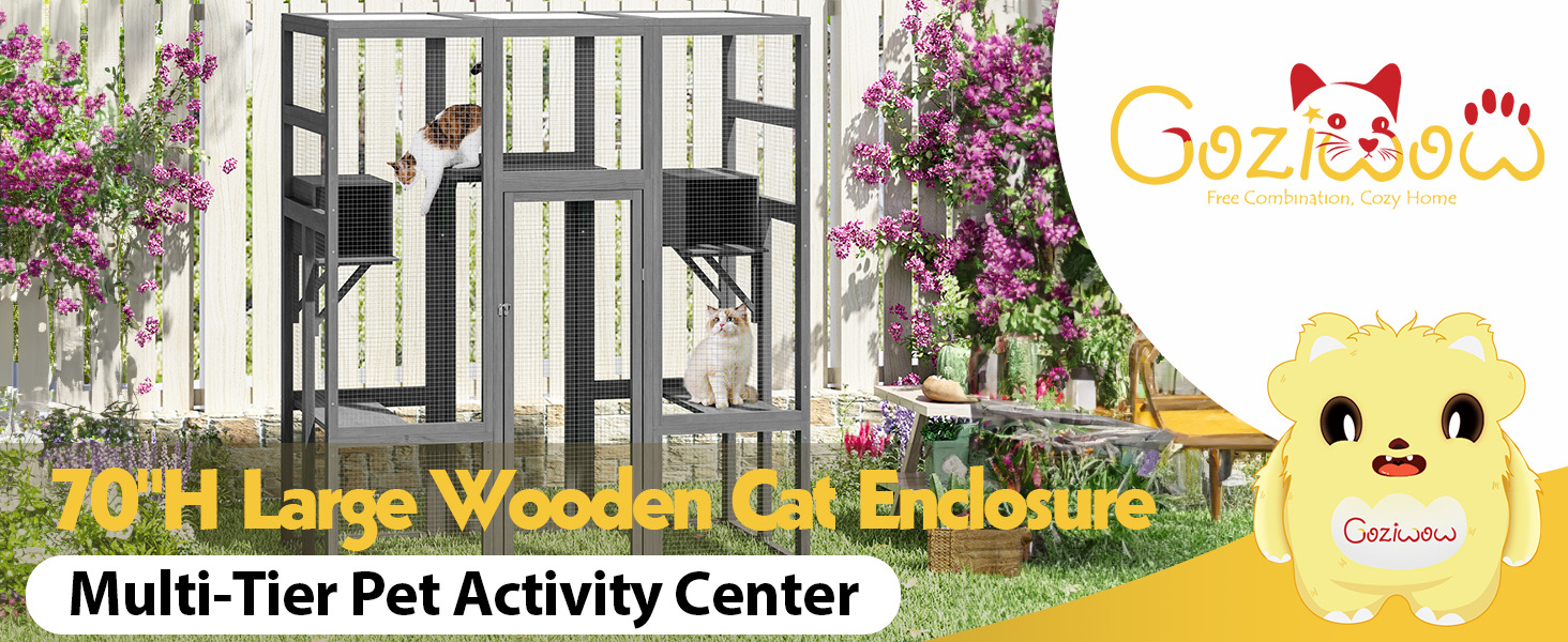 70"H Extra Large Wooden Cat Enclosure, Outdoor Cat Catio with Platforms and Houses, for 4 Cats, Gray 1 1