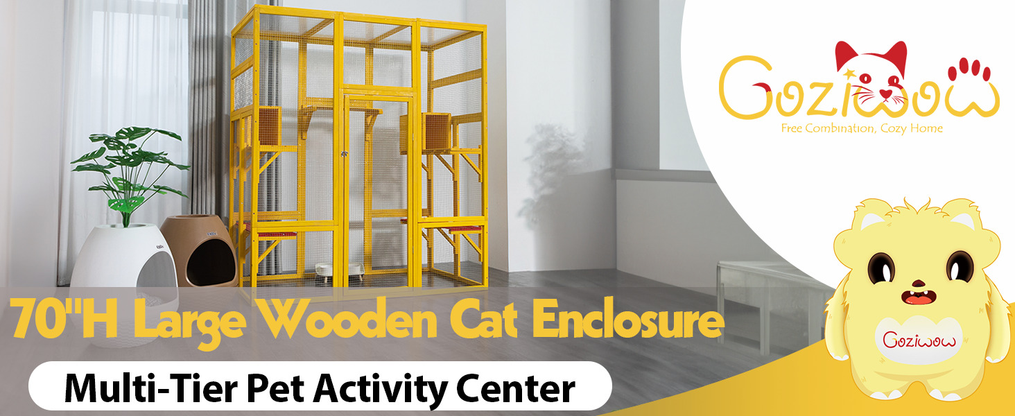 70″H Extra Large Wood Cat Enclosure| Walk-In Cat Playpen with Jumping Platforms, For 4 Cats, Yellow 画板 1 2 New Products