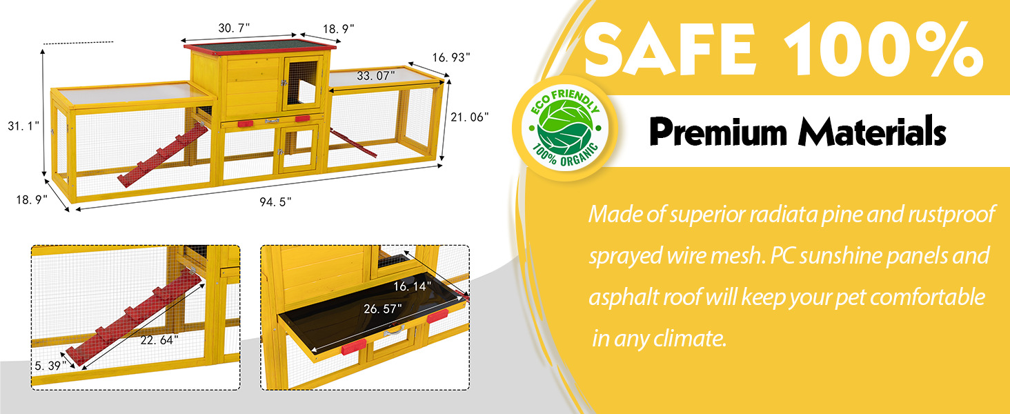 94.5″L 2 Story Spacious Rabbit Hutch, Chicken Coop, Guinea Pig Cage with Removable Tray, For 2-3 Pets, Yellow 画板 1 拷贝 1 Rabbit Supplies