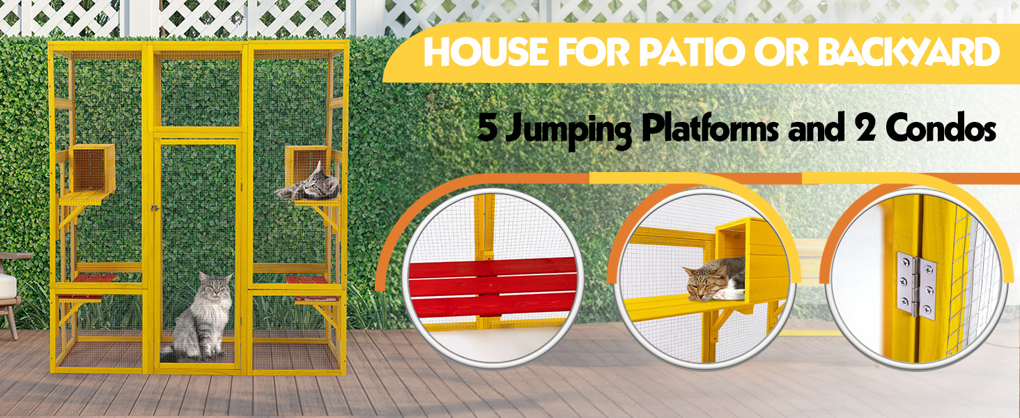 70″H Extra Large Wood Cat Enclosure| Walk-In Cat Playpen with Jumping Platforms, For 4 Cats, Yellow 画板 1 拷贝 3 2 Outdoor Cat Enclosure
