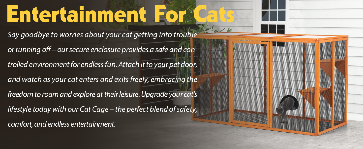 71″L Outdoor Cat Enclosure, Wood Large Cat Catio with Sunshine Panel, For 2 Cats, Orange 5