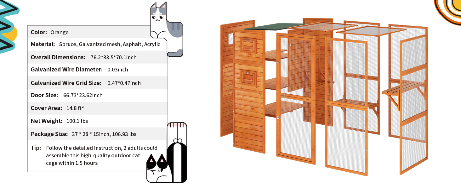 76"L 4-Tier Extra Large Outdoor Cat Enclosure, Wood Cat Catio with Weatherproof Roof, For 3-4 Cats, Orange CW12N0603A1464X6002 Outdoor Cat Enclosure
