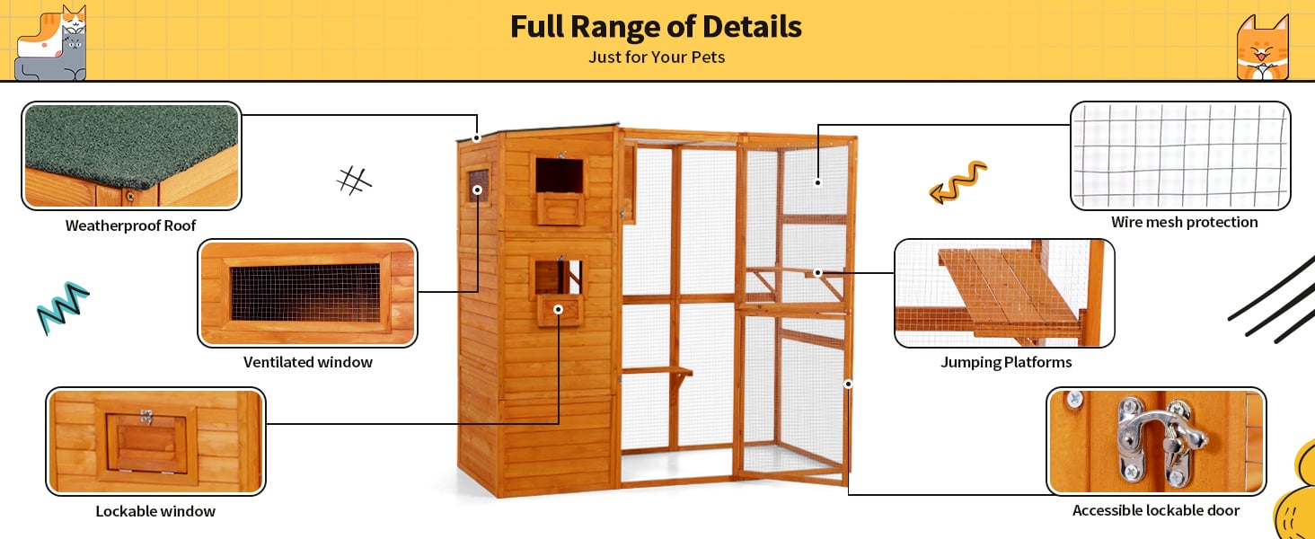 76"L 4-Tier Extra Large Outdoor Cat Enclosure, Wood Cat Catio with Weatherproof Roof, For 3-4 Cats, Orange CW12N0603A1464X6003 Outdoor Cat Enclosure