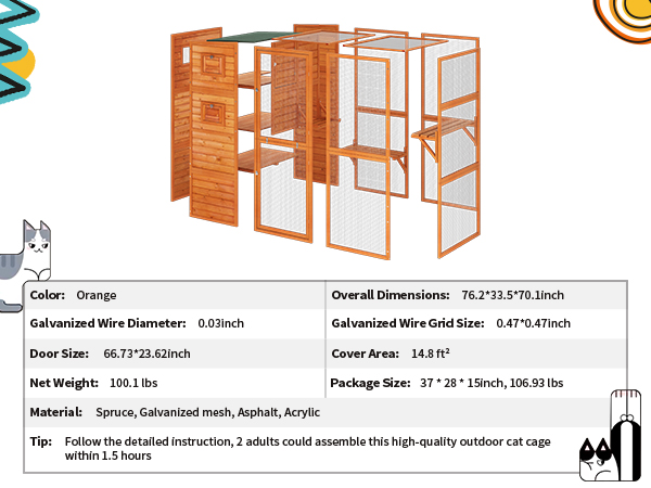 76"L 4-Tier Extra Large Outdoor Cat Enclosure, Wood Cat Catio with Weatherproof Roof, For 3-4 Cats, Orange CW12N0603A600X4502 Cat Supplies