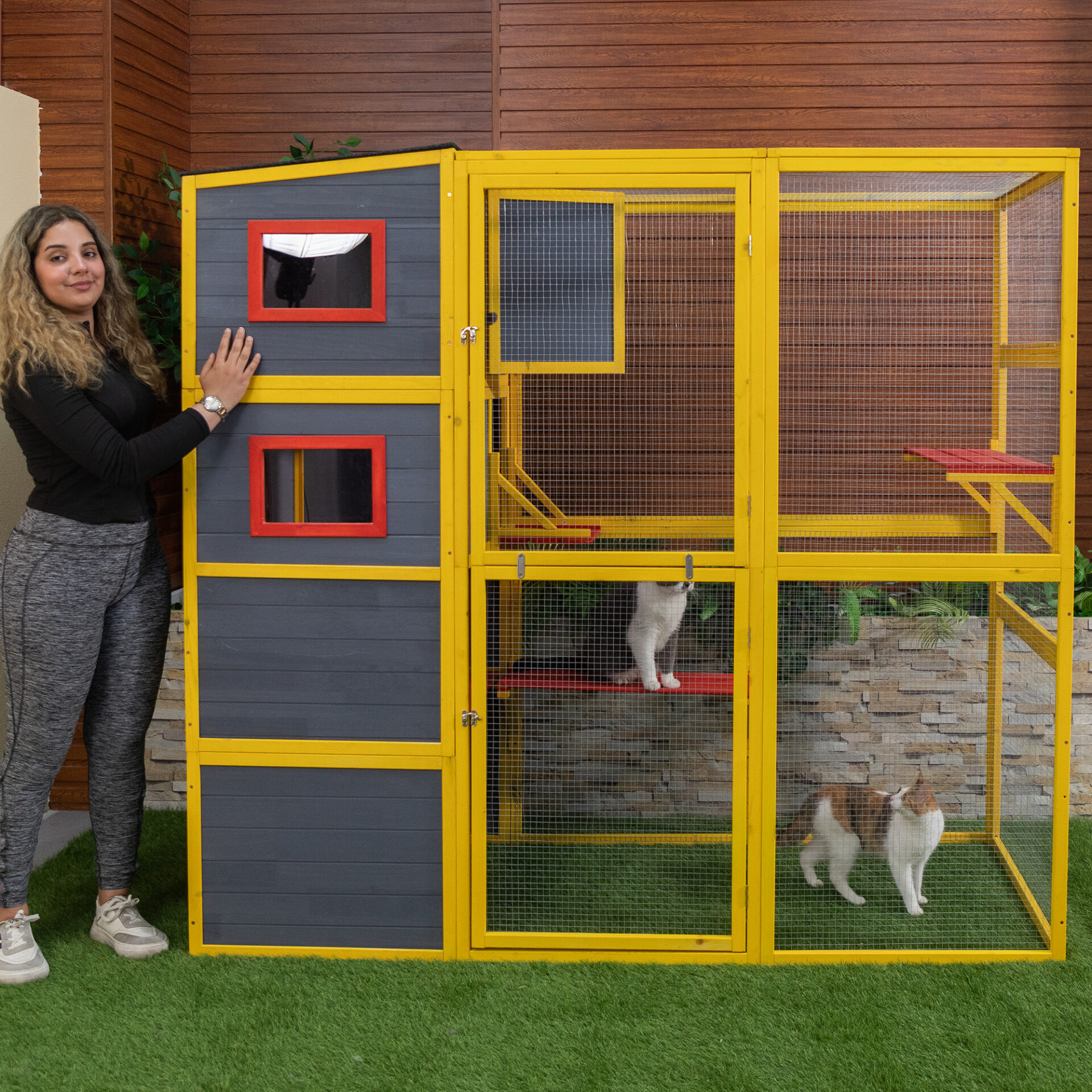 76″L 4-Tier Extra Large Outdoor Cat Enclosure, Wood Cat Catio With Weatherproof Roof, For 3-4 Cats, Yellow - Coziwow 76″L 4-Tier Extra Large Outdoor Cat Enclosure, Wood Cat Catio With Weatherproof Roof, For 3-4 Cats, Yellow - Coziwow