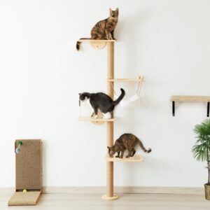 69"H 4-Tier Wooden Wall Mounted Cat Climbing Tree with Toy Mouse